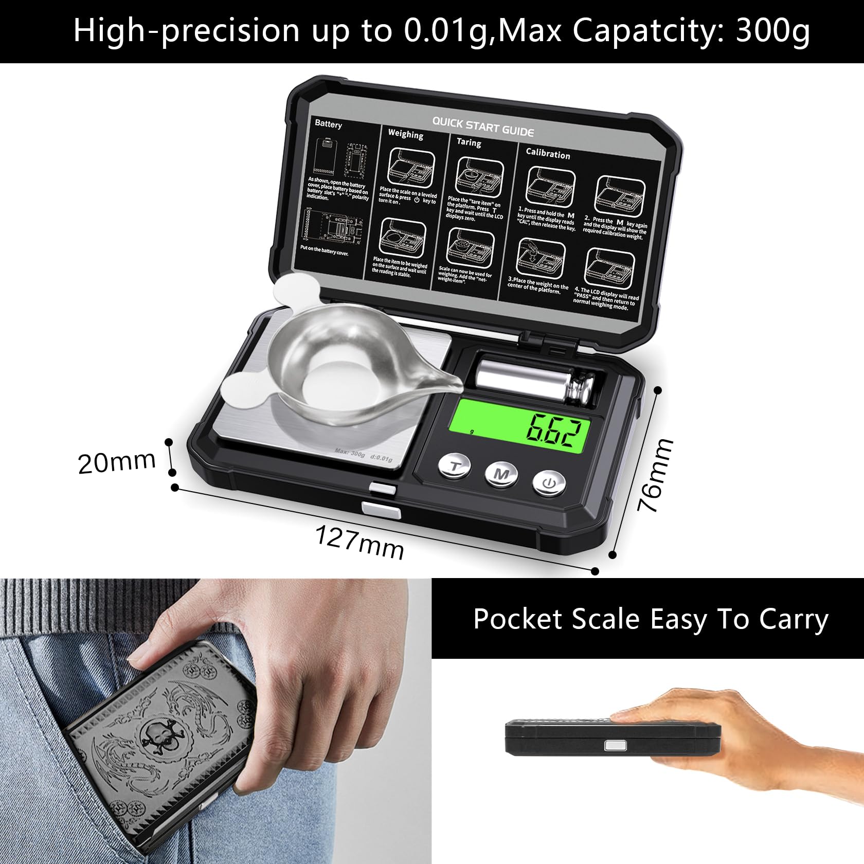 GRAM PRES Digitale Taschen-Gramm-Waage 300g x 0,01g Genauigkeit 3