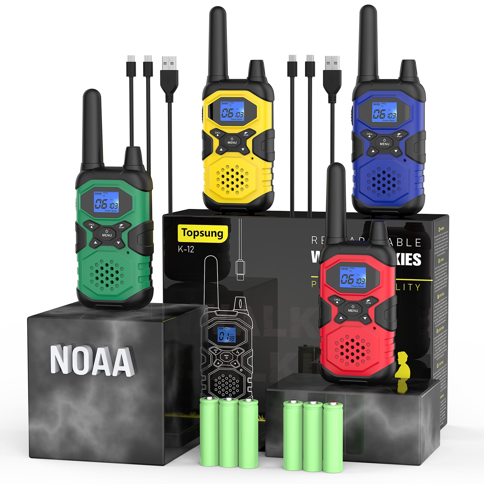 Photo 1 of Topsung Walkie Talkies for Adults Rechargeable Long Range 4 Pack, Family 2 Way Radio NOAA Walkie-Talkies with USB Cable 4500mAh Battery Lanyard for Farm Warehouse Working Camping Hiking Skiing Cruise