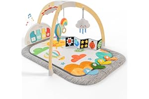 Move2Play, Montessori Inspired Wooden Kick & Play Baby Gym | Musical Piano | Thick + Soft Floor Mat | Tummy Time Activity Center | Play Mat for Newborns & Infants | Toys for Ages 0-6+ Months