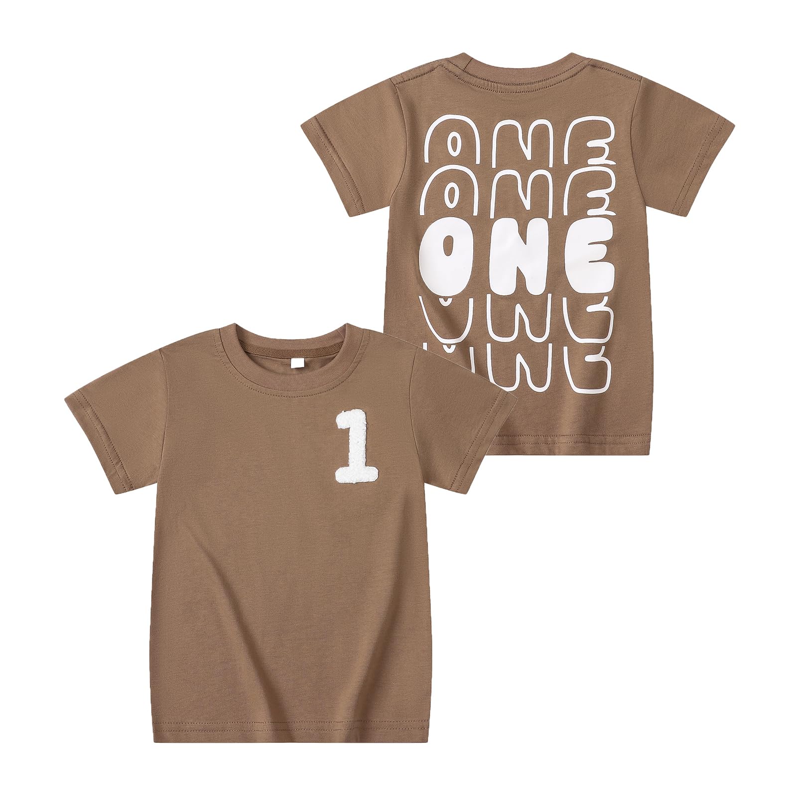 Photo 1 of 1st Birthday Boy Shirt Toddler Baby Short Sleeve Embroidered Letter One Year T-Shirts Tops Outfit Clothes (9-12 Months, Brown 1)