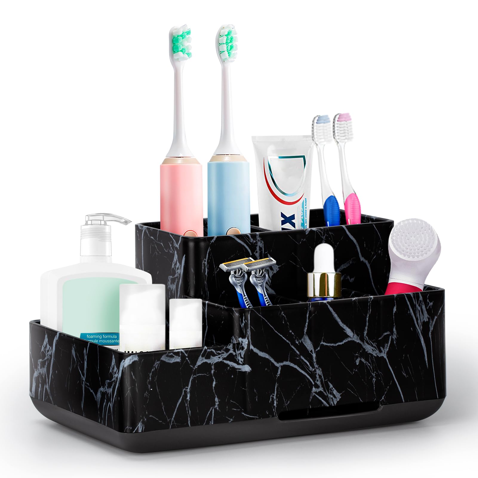 Toothbrush Holder, Bathroom Organizer Countertop, 5 Compartments Multifunctional Storage for Cosmetic, Makeup, Office Stationery Pencil,Toothpaste, Toothbrush for Home, Office