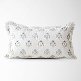 Henrietta Petite Fleur Block Print Pillow Cover – 100% Cotton Decorative Throw Pillow Cover – Vintage Floral Coastal Grandma Grandmillennial Style Accent for Sofa, Couch, or Bed (14x24)