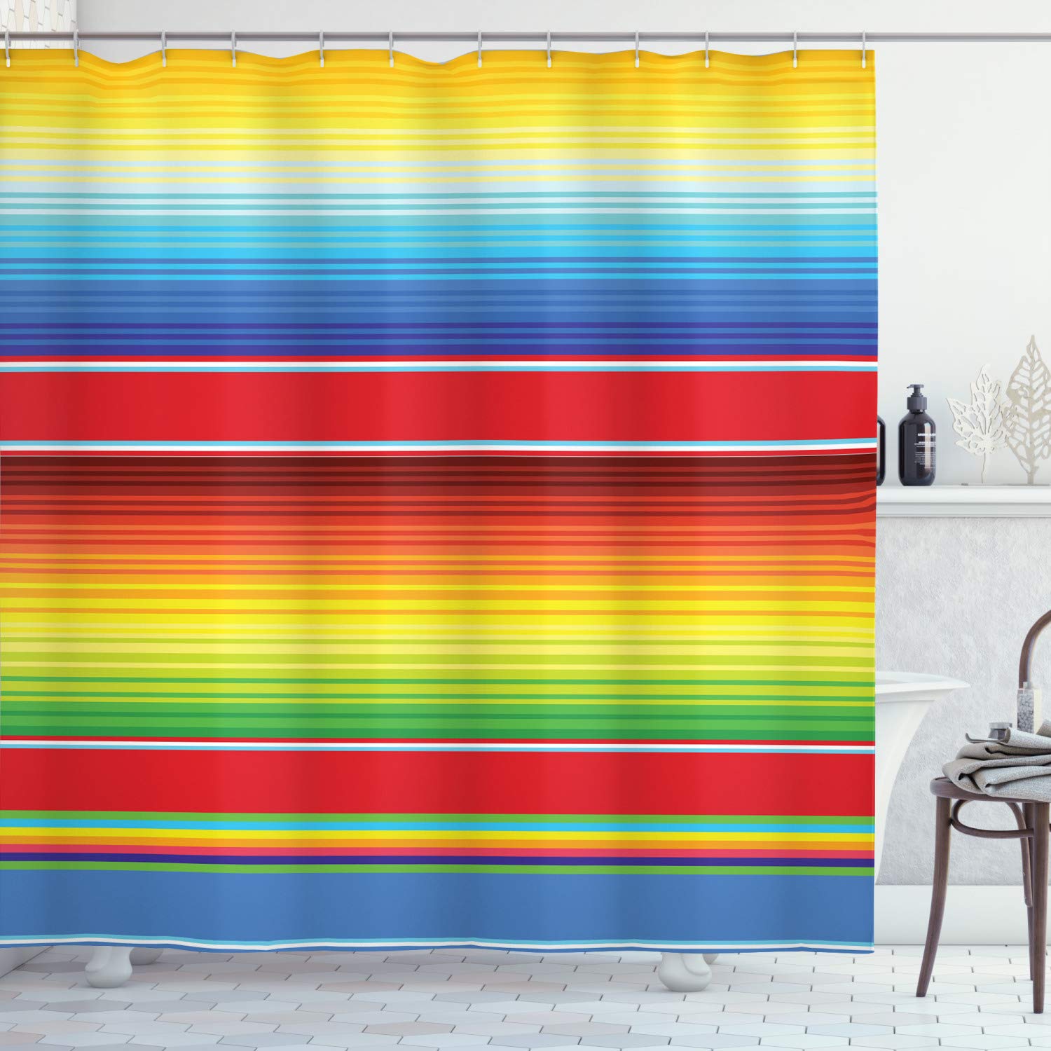 ABAKUHAUS Abstract Shower Curtain, Horizontal and Colored Blanket Rug Lines Pattern Vibrant Abstract Design, Cloth Fabric Bathroom Decor Set with Hooks, 86 Inches Extra Long, Red Multicolor — image 1