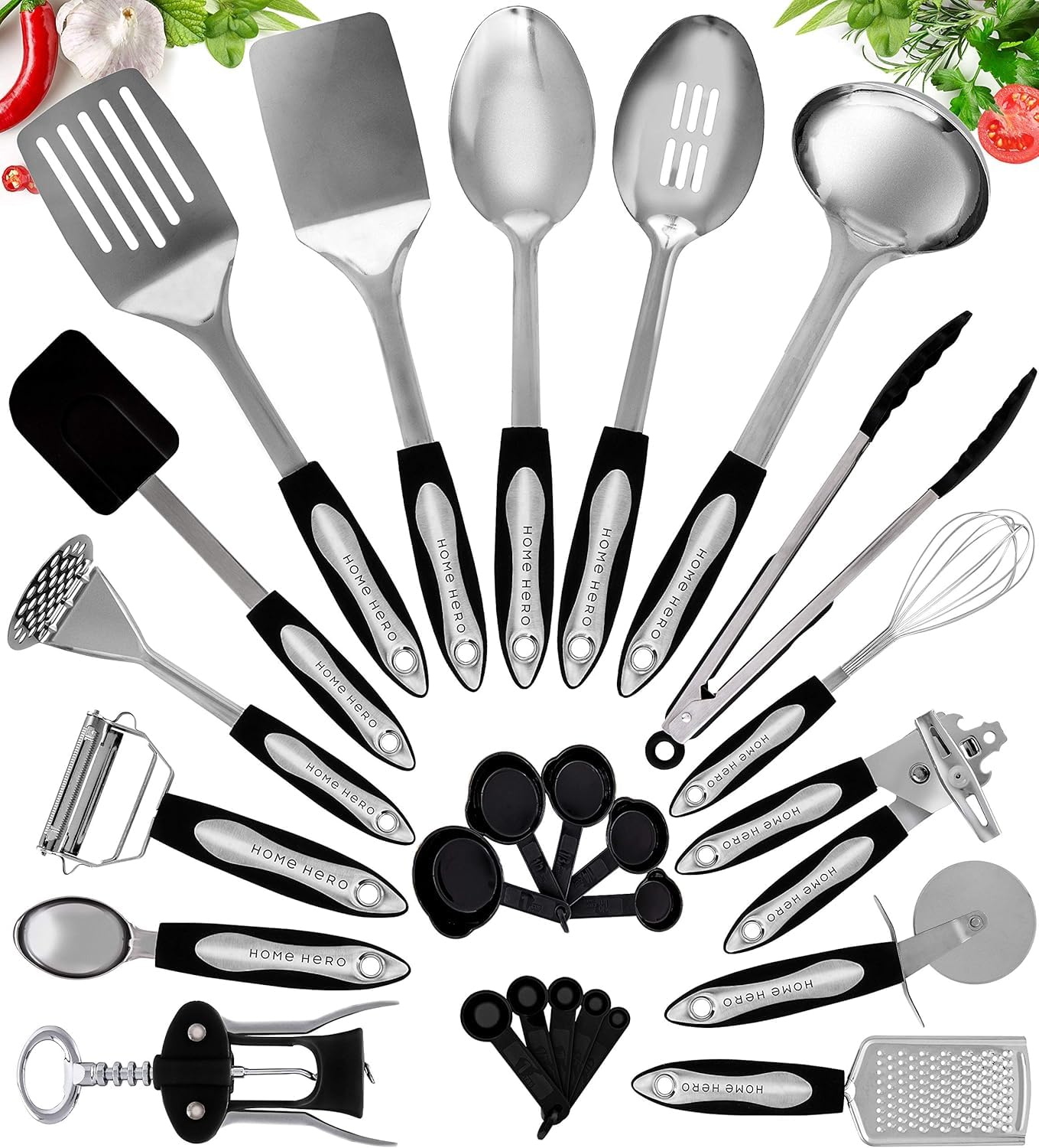 Kitchen Utensils Set - Non-Stick Heat Resistant Cooking Utensils Set - Spoons Turners Spatula Ladle Set - Kitchen Tools Gadgets Accessories (40 pcs Stainless Steel Set)