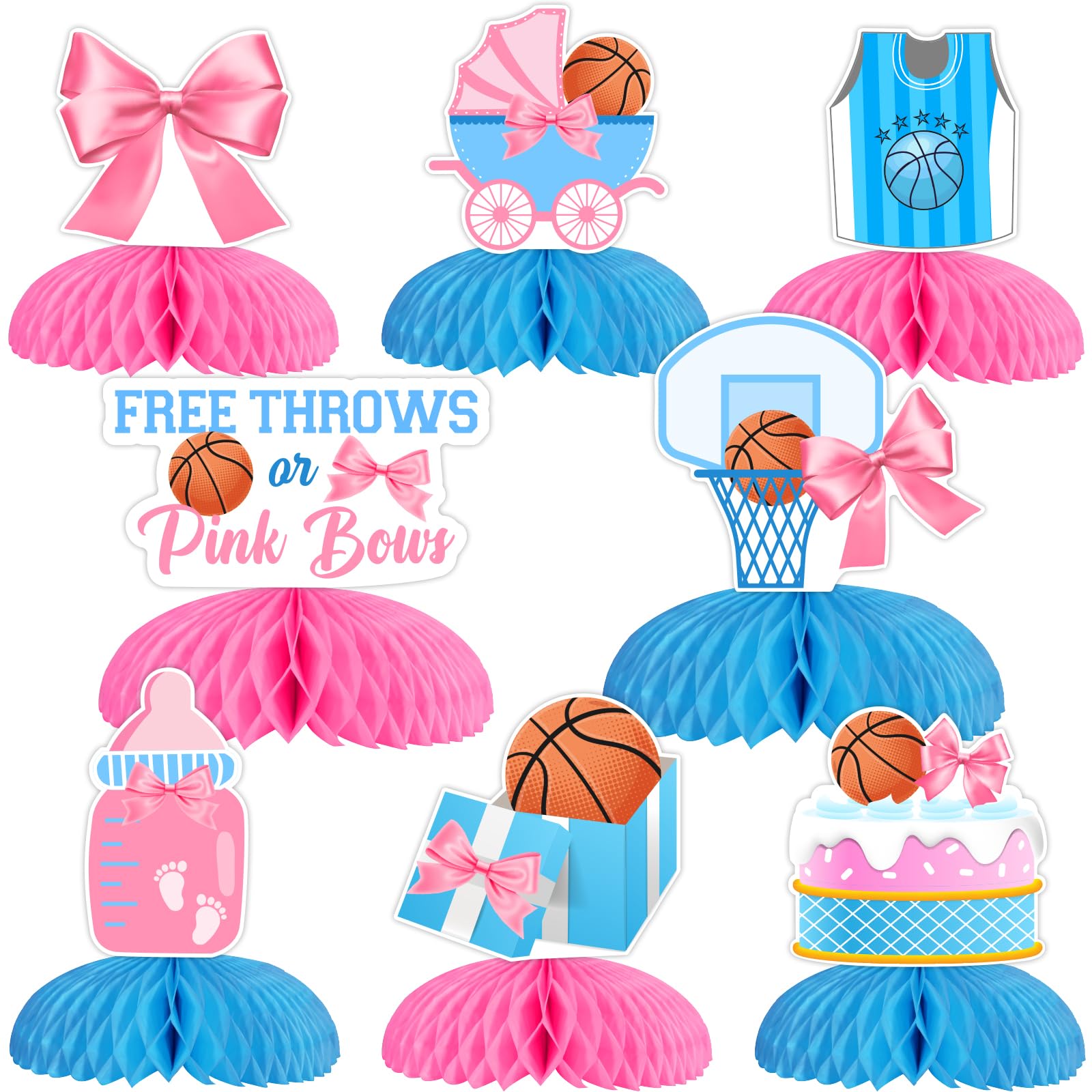 Photo 1 of JOYMEMO 8 Pieces Free Throws or Pink Bows Gender Reveal Honeycomb Centerpieces - Pink Blue Basketball or Bows Gender Reveal Table Decorations, Double Sided Table Toppers for Sports Themed Party