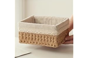 Wicker Storage Basket with Liner, Hand-Woven Paper Rope Rattan Organizer Bin for Pantry, Countertop, Bathroom, Bedroom, Shelv