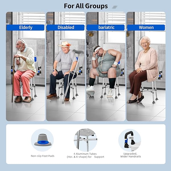 DRSUPPOR SHOWER CHAIR WITH ARMS AND BACK FOR SENIORS ELDERLY HANDICAP DISABLED OR BARIATRIC ADULTS HEAVY DUTY 500 LBS ADJUSTABLE STOOL BENCH SEAT FOR INSIDE SHOWER STALL,WHITE