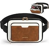RAINSMORE Fanny Packs for Women, Leather Belt Bag Waterproof Everywhere Crossbody Waist Pack with Adjustable Strap Retro Sling Chest Bag for Work Running Travel Party, Black and Brown with White
