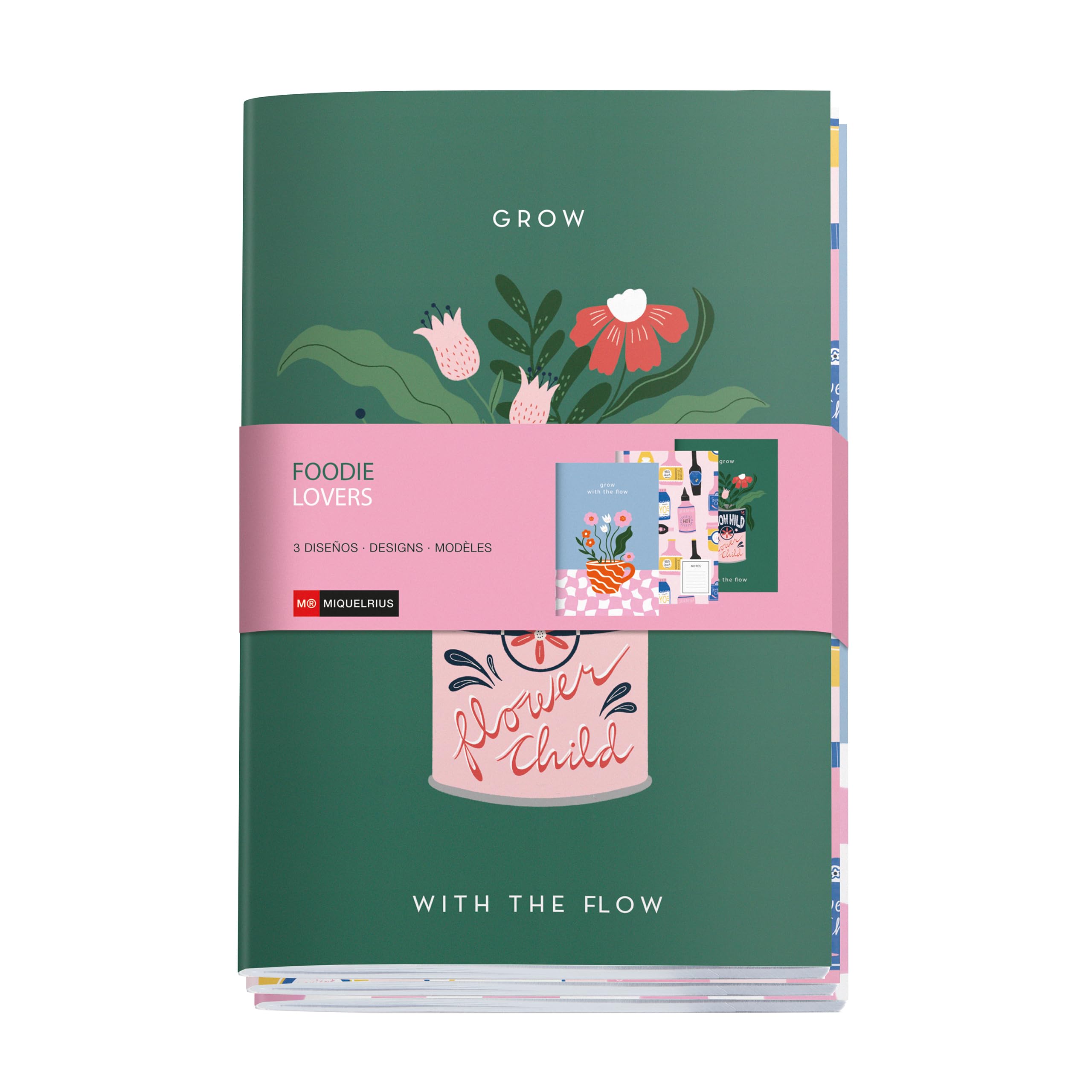 Miquelrius - A5 notebooks (142 x 210 mm) stitched, pack of 3 notebooks, white dotted interior, 32 sheets of 80 g/m² each, matt printed cardboard covers, Foodie Lovers collection