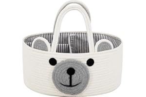 Home & Tots Baby Diaper Caddy Organizer, Cotton Rope Nursery Storage Basket for Diapers, Wipes & More, Gift for Baby Shower, Portable Organizer for Changing Table, Bear Design (Large Size - White)