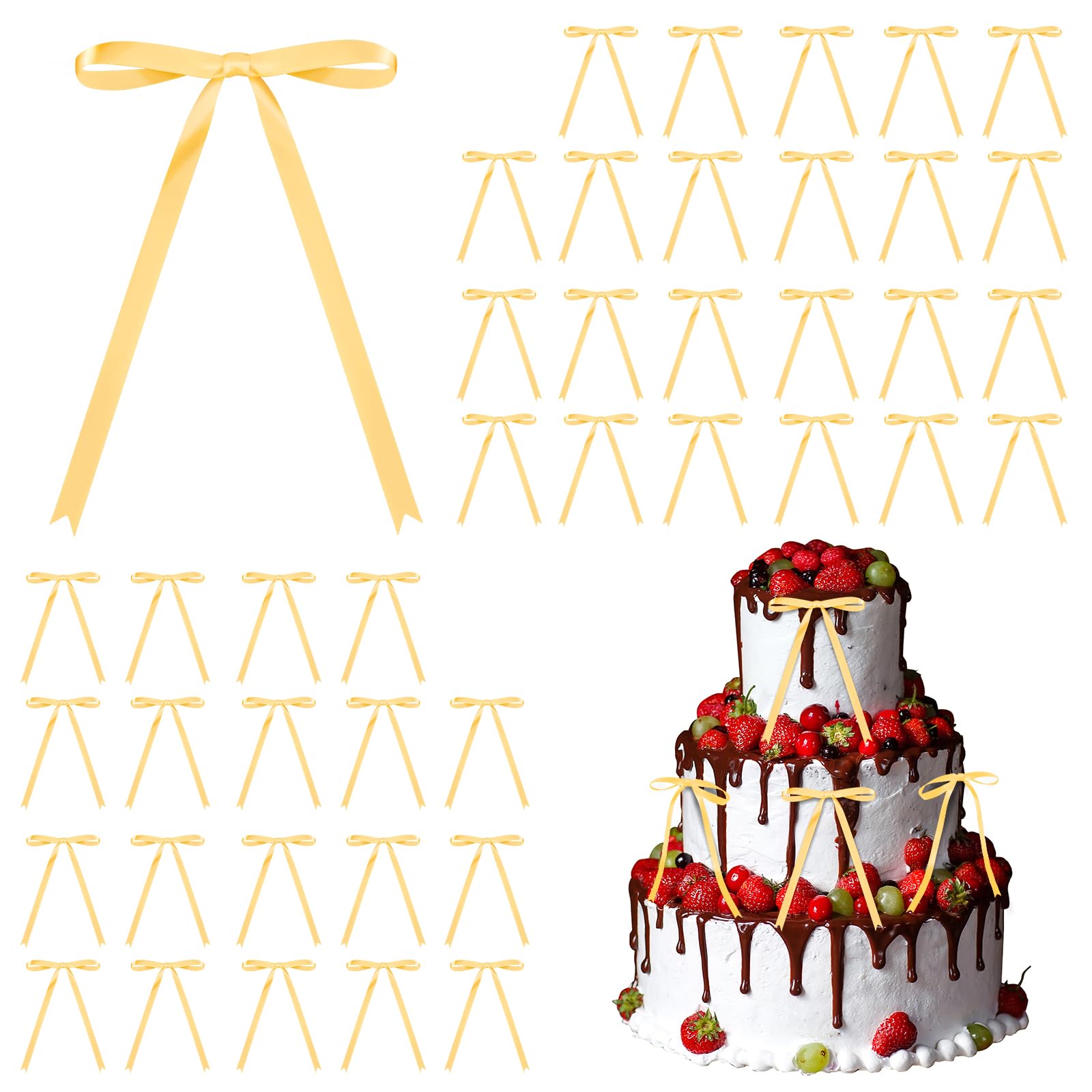 Photo 1 of 50 Pcs 5x7 Inch Satin Bows with Twist Tie – Premade Tied Ribbon Bows for Gift Wrapping, Cake Treat Bags Craft DIY Gift, Birthday Decorations, Balloons & Garland Home Decor (Champagne)