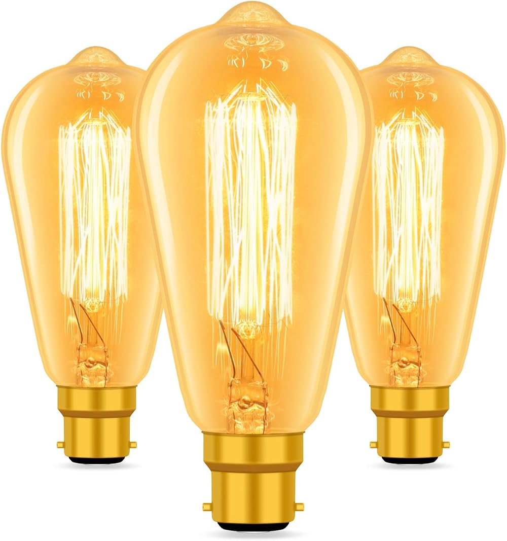 Caldarax 3 Pack B22 Edison Bulbs ST64 Amber Glass 2700K 600 LM