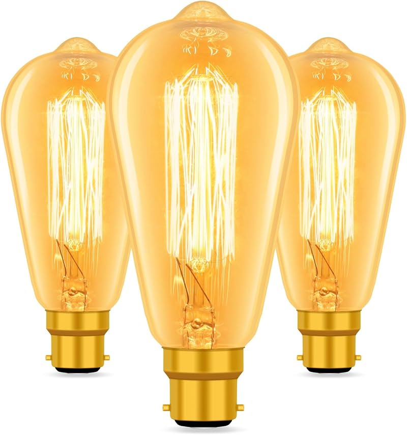 Caldarax 3 Pack B22 Edison Bulbs ST64 Amber Glass 2700K 600 LM