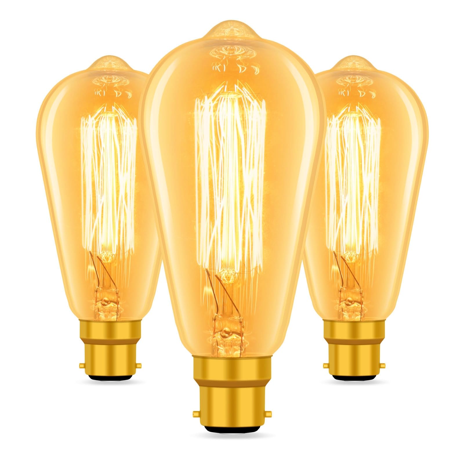 Caldarax 3 Pack B22 Bayonet Vintage Edison Light Bulbs, ST64 Edison Bulb, Retro Filament Light Bulb, Industrial Style Antique Amber Glass Warm White 2700K, 400 Lumen, Decorative Bulbs