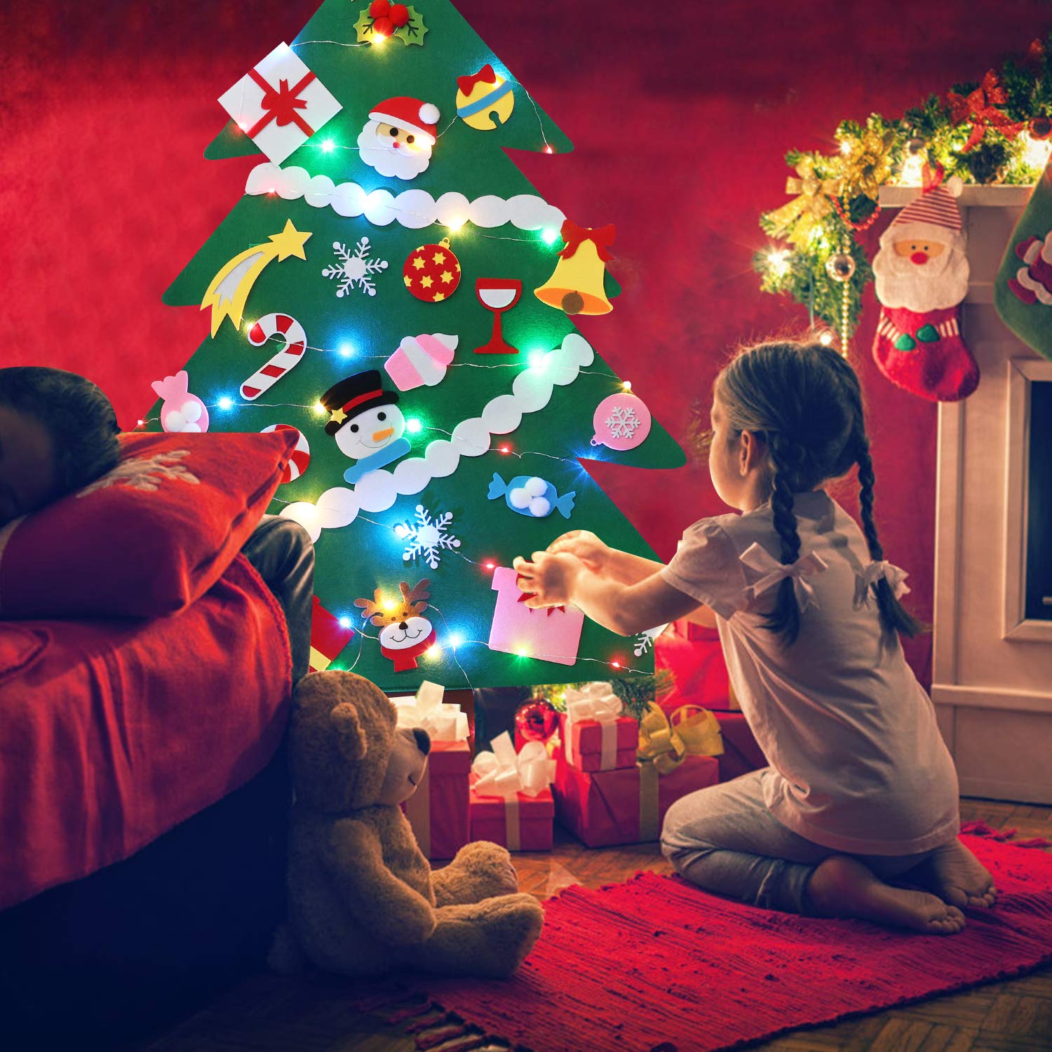 DIY Felt Christmas Tree, Fascigirl Fairy DIY Christmas Door Wall Hanging Decorations Christmas Tree with 16.4ft Colorful LED String Light , 28 Ornaments and 1 Red Gift Bag Xmas Gifts for Kids