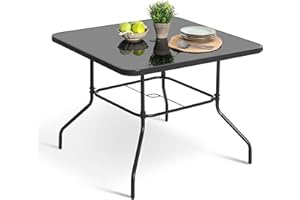 NUU GARDEN 32'' Square Outdoor Table, Patio Table with Umbrella Hole, Patio Dining Table with Tempered Glass, Outdoor Dining Tables, Square Patio Table for Balcony, Backyard, Poolside, Sunroom, Black