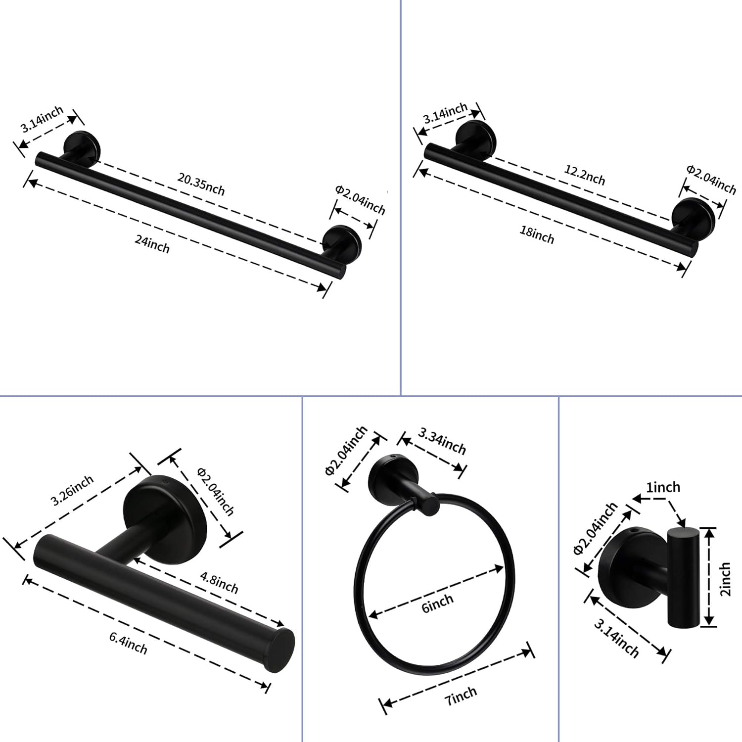 Bathroom Hardware Set, 6 Piece Stainless Steel Bathroom Towel Rack Set Wall Mount Towel Bar Set Include 18" 24" Hand Towel Bar, Toilet Paper Holder,Towel Ring, 2 Hooks: Kitchen & Dining