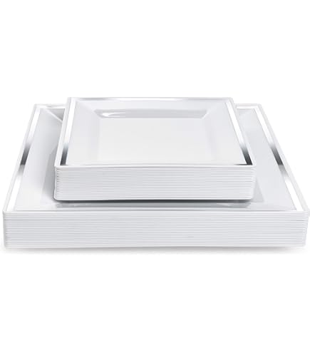 MATANA 40 Premium White Square Plastic Plates With Silver Rim 20 25cm  Dinner Plates, 20