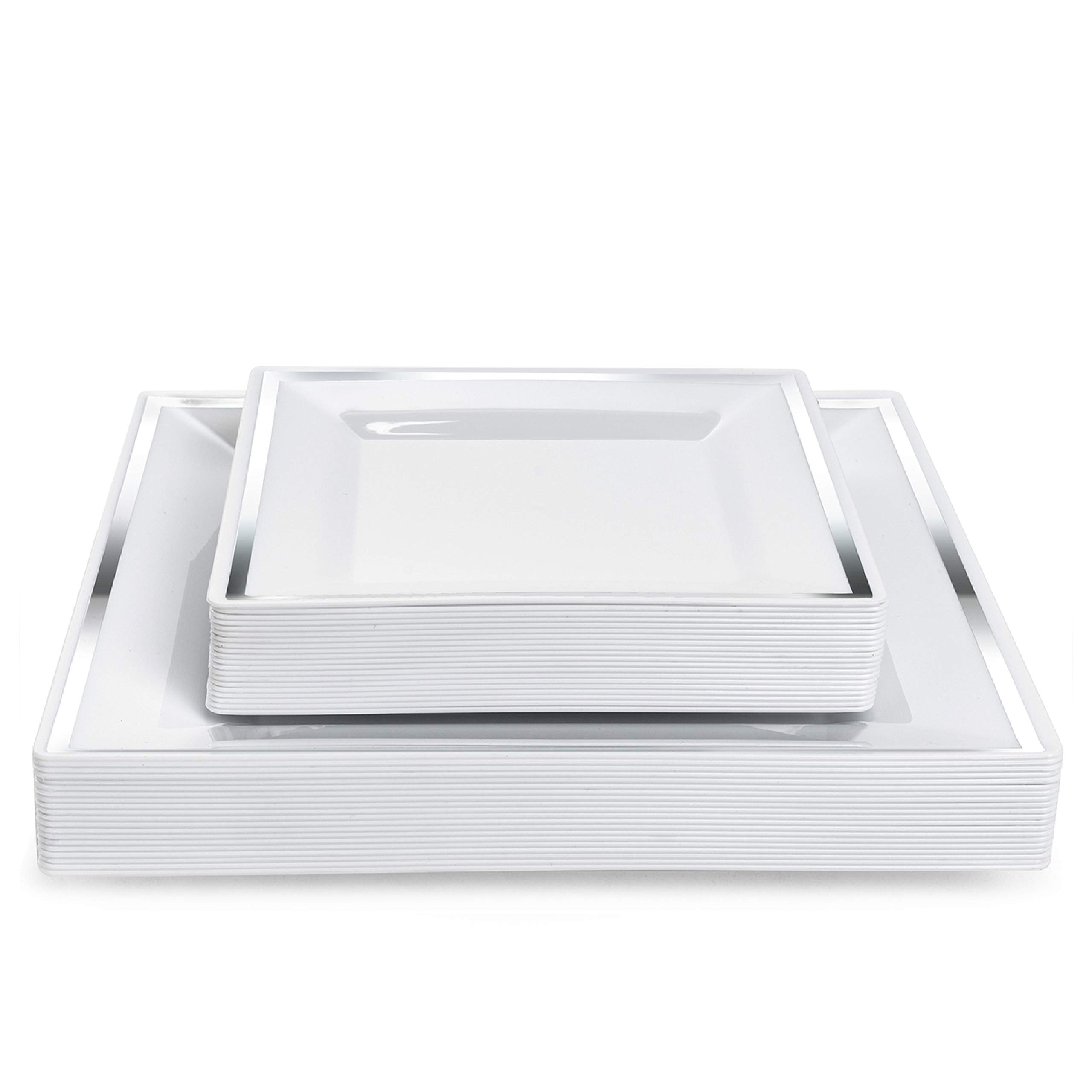 MATANA 40 Premium White Square Hard Plastic Plates with Silver Rim – 20 Dinner (25cm) & 20 Side Plates (16.5cm) – Elegant, Reusable Tableware for Weddings, Birthdays, BBQs, Parties