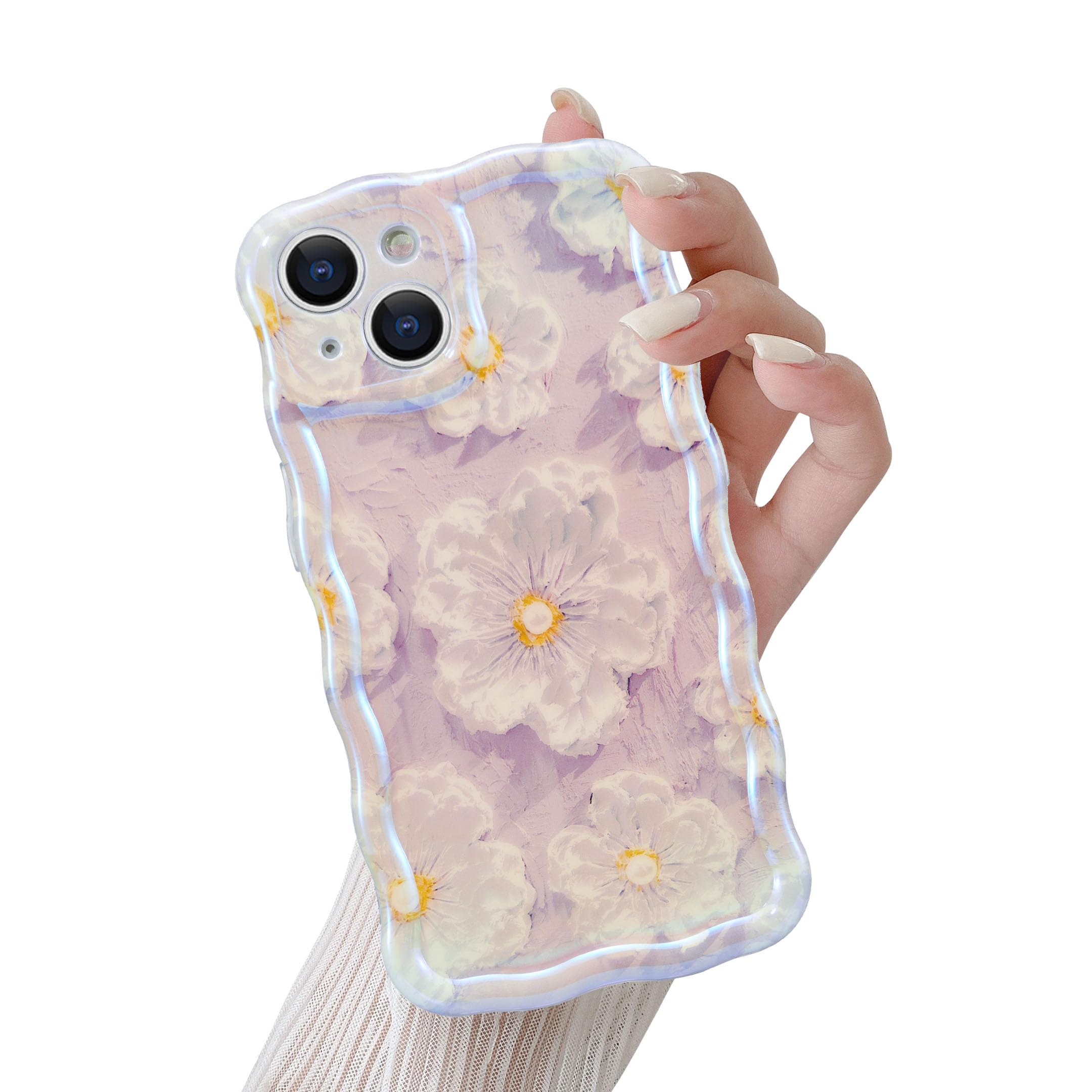 QLTYPRI for iPhone 15 Plus Case/iPhone 14 Plus Case, Colorful Retro Oil Painting Flower Pattern Exquisite Phone Case for Girls Women, Cute Curly Wave Frame Shape Shockproof Phone Cover-Purple#2 — image 1