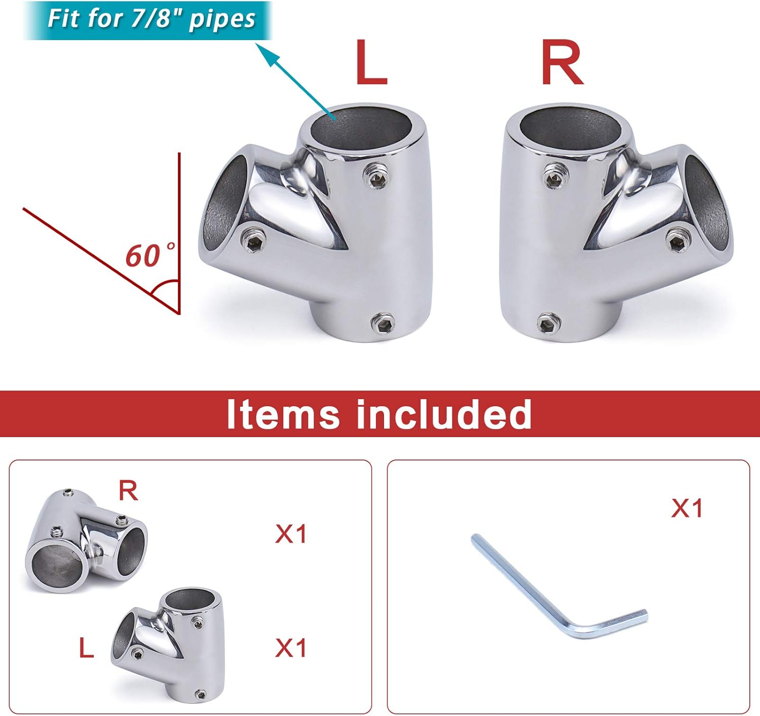 Muzata 60° T/Tee Connector Hand Rail Fittings Left& Right 3-Ways for 7/8'' Tube 316 Marine Grade Stainless Steel Heavy Duty Boat Hardware 2 Pack BH11 : Sports & Outdoors