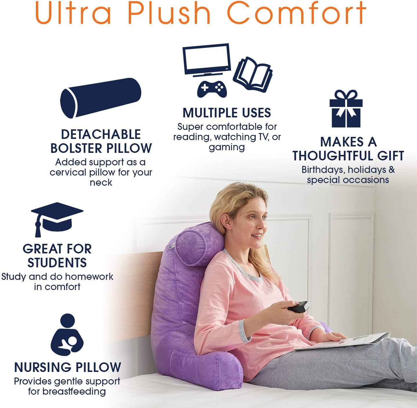 Cheer Collection Memory Foam Filled TV,Reading and Bed Rest Pillow with Detachable Cervical Bolster and Headrest Pillow, Washable Cover (Purple): Home & Kitchen