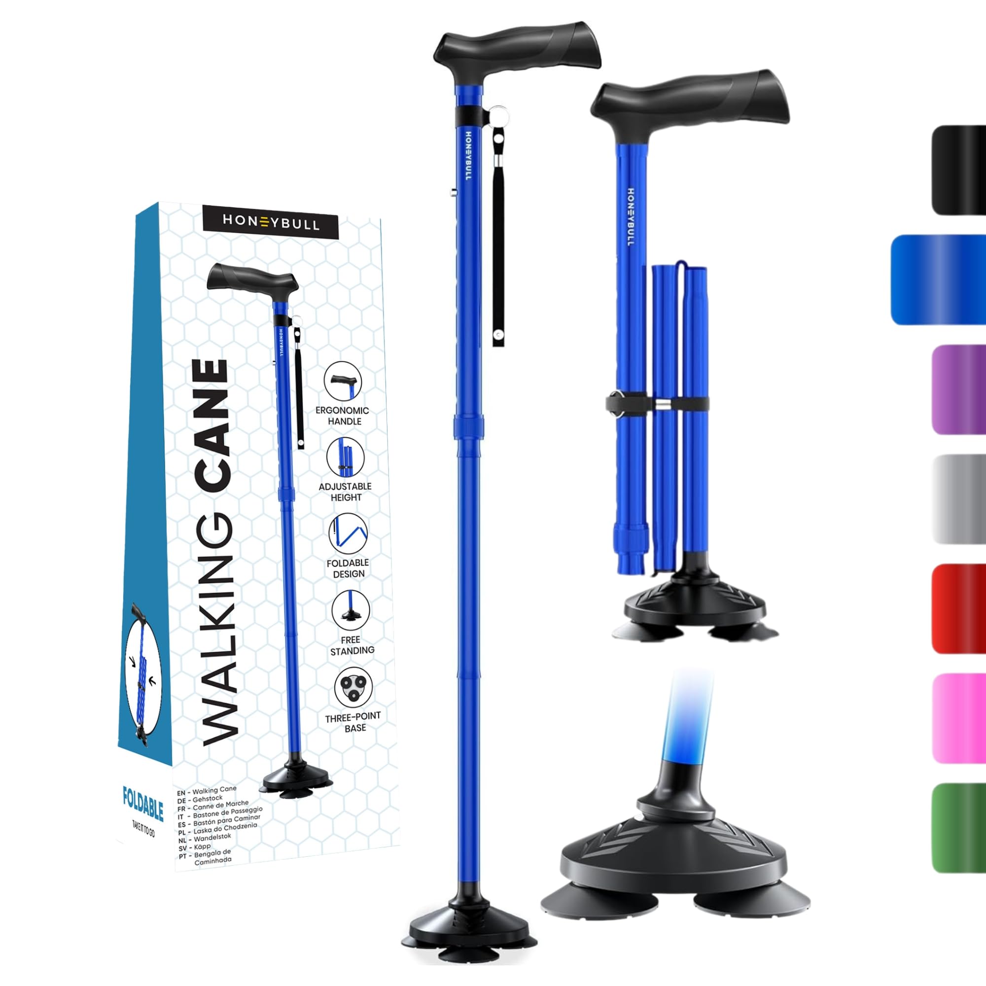 HONEYBULL Walking Cane for Men & Women - Foldable, Adjustable, Collapsible, Free Standing Cane, Pivot Tip, Heavy Duty | Walking Sticks, Folding Canes for Seniors & Adults (Blue)