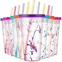 Meoky Color Changing Cups with Lids and Straws - 10 Pack 24 oz Plastic Tumblers with Lids and Straws Bulk, Reusable Cups with