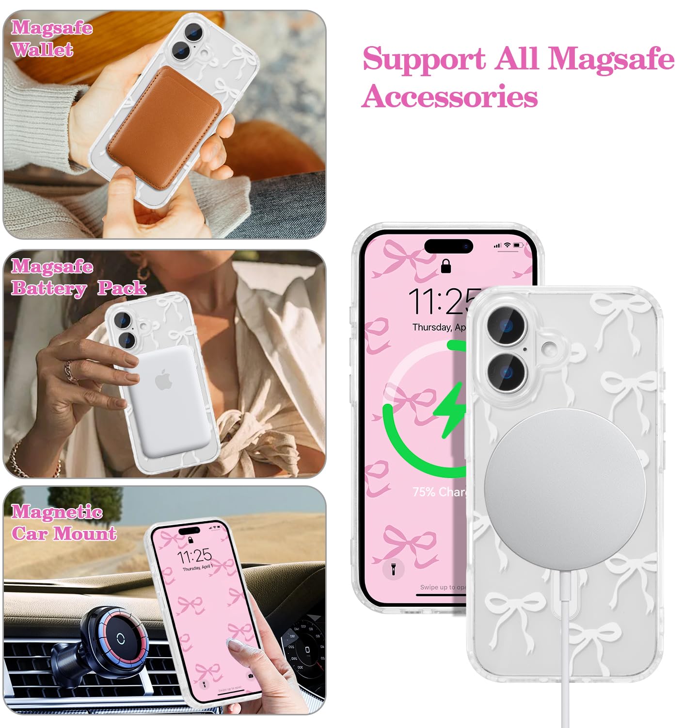 UEEBAI Magnetic for iPhone 16 Case, Bow Case Compatible with MagSafe, Wireless Slim Clear Ribbon Aesthetic Phone Cover Anti-Yellowing Shockproof Protective Cover for Women Girl - White