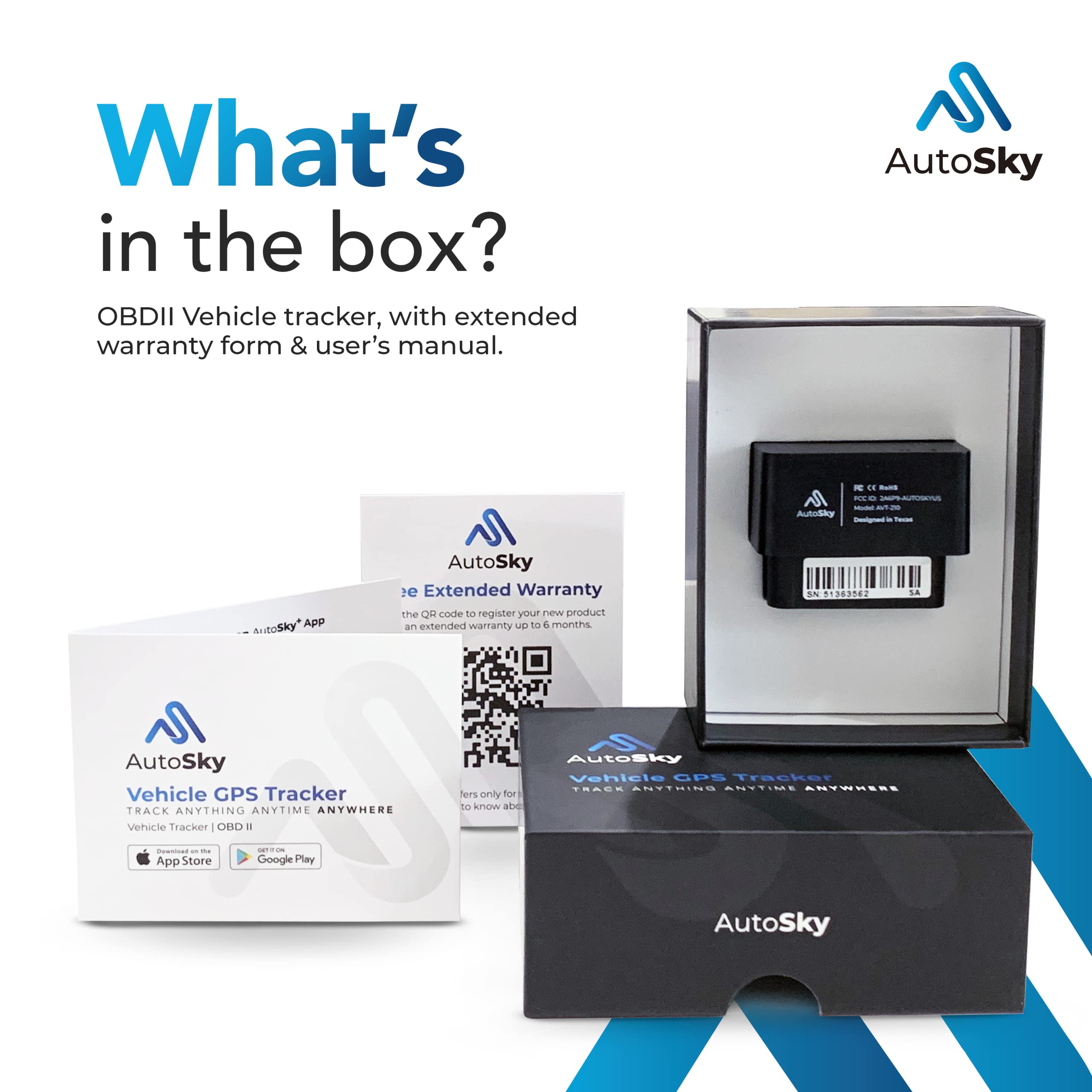 AutoSky GPS Tracker for Vehicles, OBDII, 4G LTE, Model - AVT-210, Vehicle Location, Trip History, Driving Alerts, GeoFence, USA-Developed, Family or Fleets