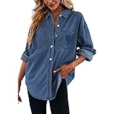 Plffkfly Women's Casual Button Down Denim Shirt Long Sleeve Boyfriend Oversized Jean Jacket with Pockets