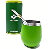 Novomates Yerba Mate Kit w/Double Wall Stainless Steel Mate Cup, Mate Straw and Yerba Container – Yerba Mate Gourd - Bombilla Mate & Mate Tea Cup 8oz (237ml) (Green)