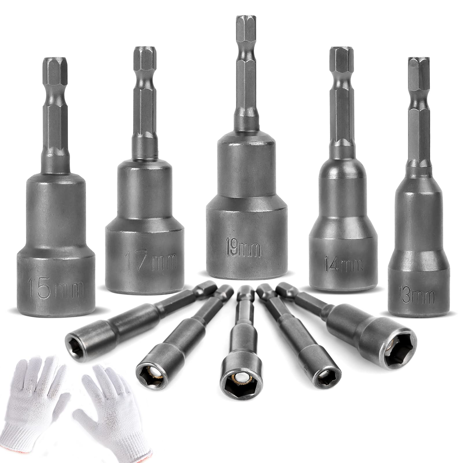 10 Pcs Set Magnetic Hexagon Socket, 6-19mm Magnetic Nut Setter Driver Drill Bit Set 1/4 inch Hex Shank Quick Change Metric Nut Driver Set with 1 Pair of Gloves