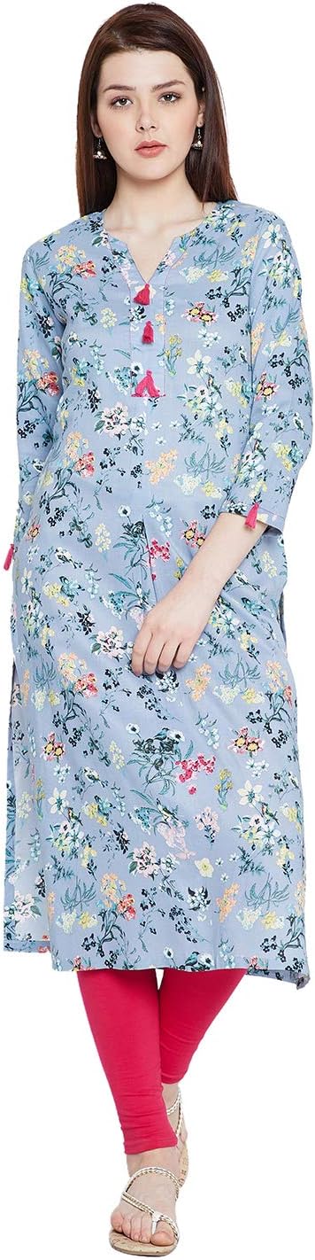 Rayon Floral Printed Straight Kurta With Tassels