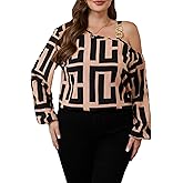 MakeMeChic Women's Plus Size Graphic Print One Shoulder Blouses Long Sleeve Party Fall Tops