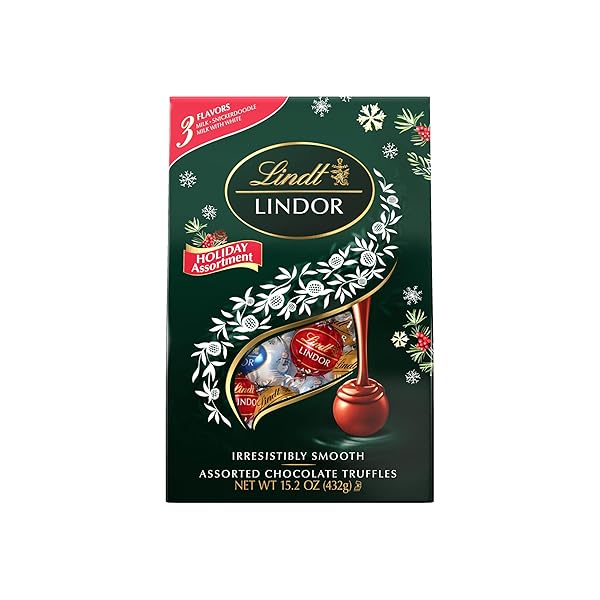 LINDT LINDOR HOLIDAY ASSORTED CHOCOLATE CANDY TRUFFLES WITH SMOOTH, MELTING TRUFFLE CENTER, 15.2 OZ. BAG