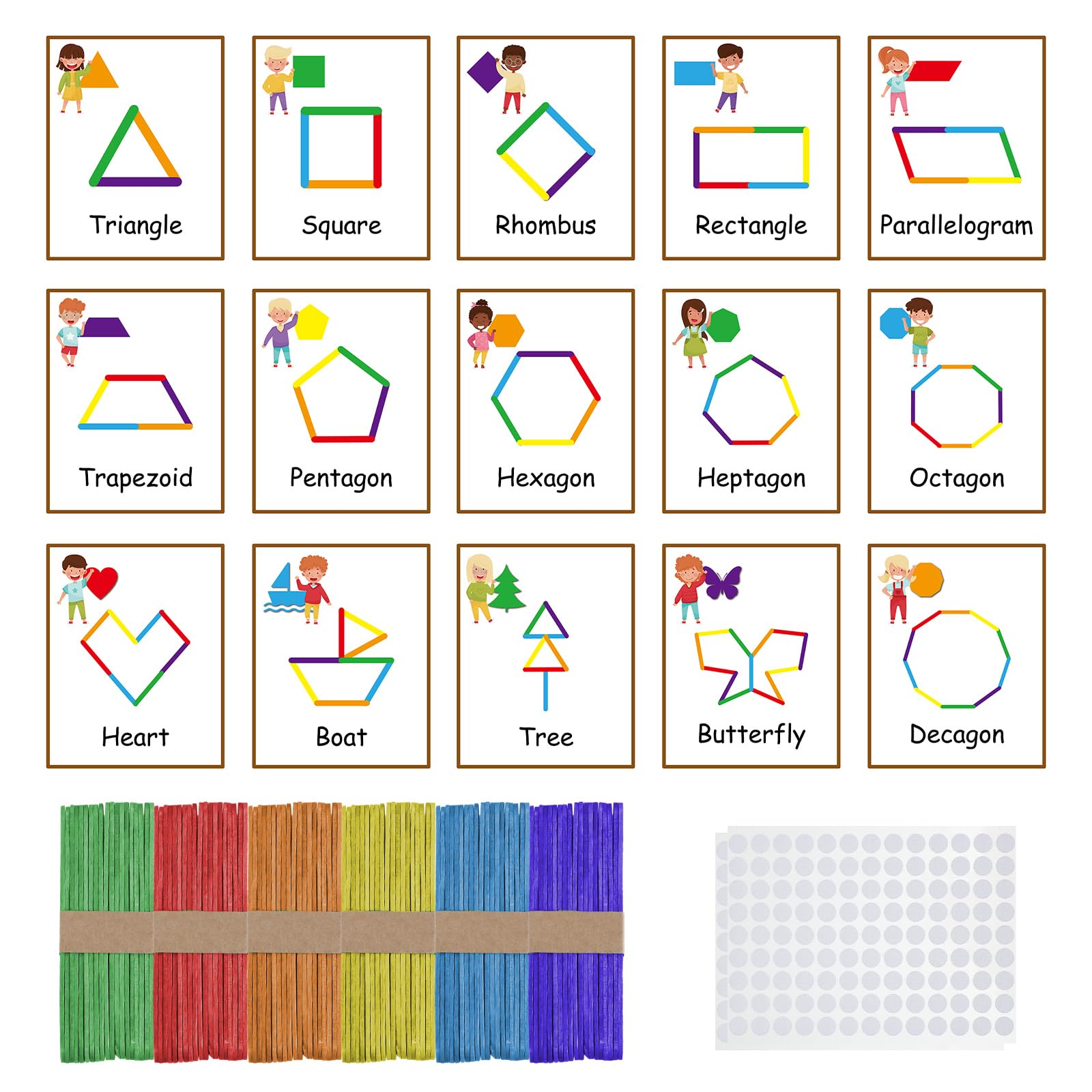 Photo 1 of 252 Pcs Shapes Flash Cards with Sticks Activity Game Include 15 Shape Learning Cards 120 Multi Wooden Sticks 117 White Hook for Kids, Develops Shape Recognition 3D Shapes