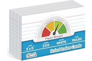 Chell 200 Count Index Cards 3x5 Inch Heavyweight, Ruled Front and Blank Back, 65 lb. Cover Weight, White