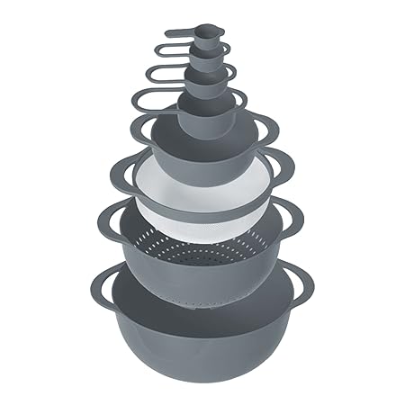 Oishii MixMaster Schüssel-Set Rund: Küchen-Sieb, Rührschüssel, Salatschüssel & Messbecher (Cup) in Grau