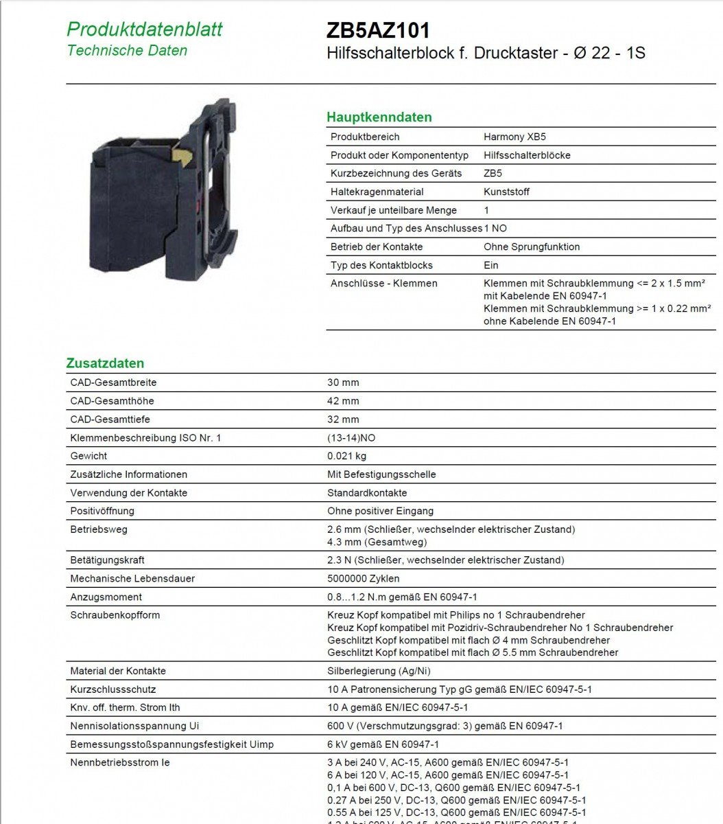 Schneider Electric, Harmony, ZB5AZ101, Single contact block with body/fixing collar, plastic, screw clamp terminal,1 NO - Image 3