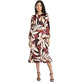 Maggy London Women's Midi Length Cocktail Dress with Bishop Sleeves-A-line with Keyhole Neckline-Wedding Guest Formal Attire