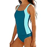HOTOME Girls Tankini Swimsuit Two Piece Solid Color Blocking Ruched Slimming Bathing Suit for Teen Girls' Swimwear 9-18Y