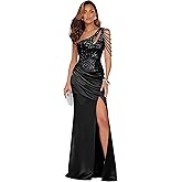 Zeeyecie One Shoulder Tassel Sequin Satin Prom Dresses for Women Mermaid Sparkly Formal Evening Ball Gowns with Slit