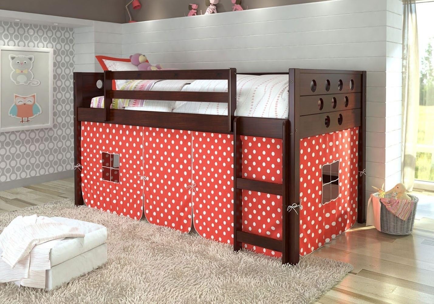 Kize Kids Tent Kits Curtain For Twin Loft Tent Bed Red Polka Dot