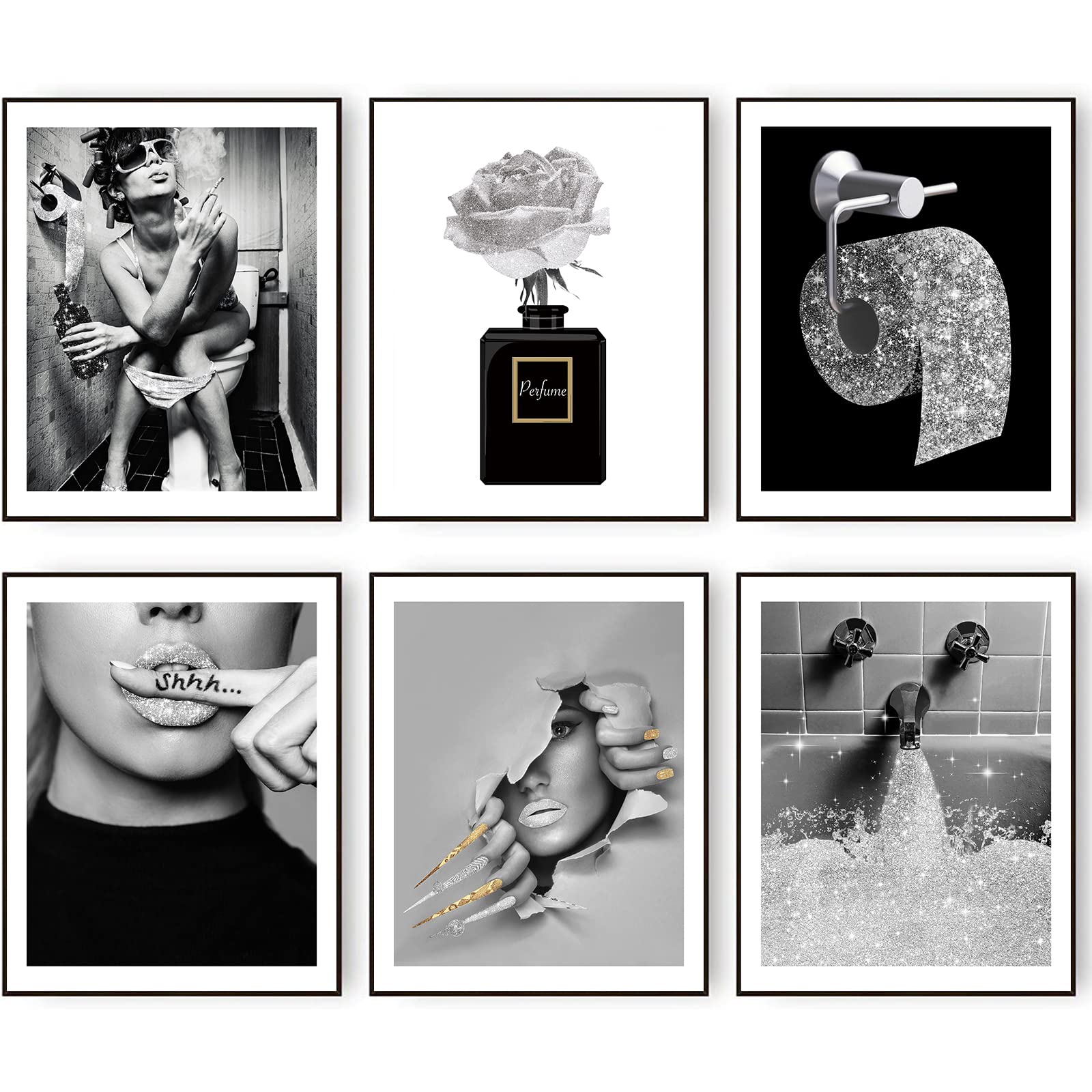 HOGEBIG Fashion Wall Art Prints Bathroom Decor Grey Glam Glitter Tissue Canvas Posters Pictures Black and White Modern Women Funny Artwork (8"x10" UNFRAMED)