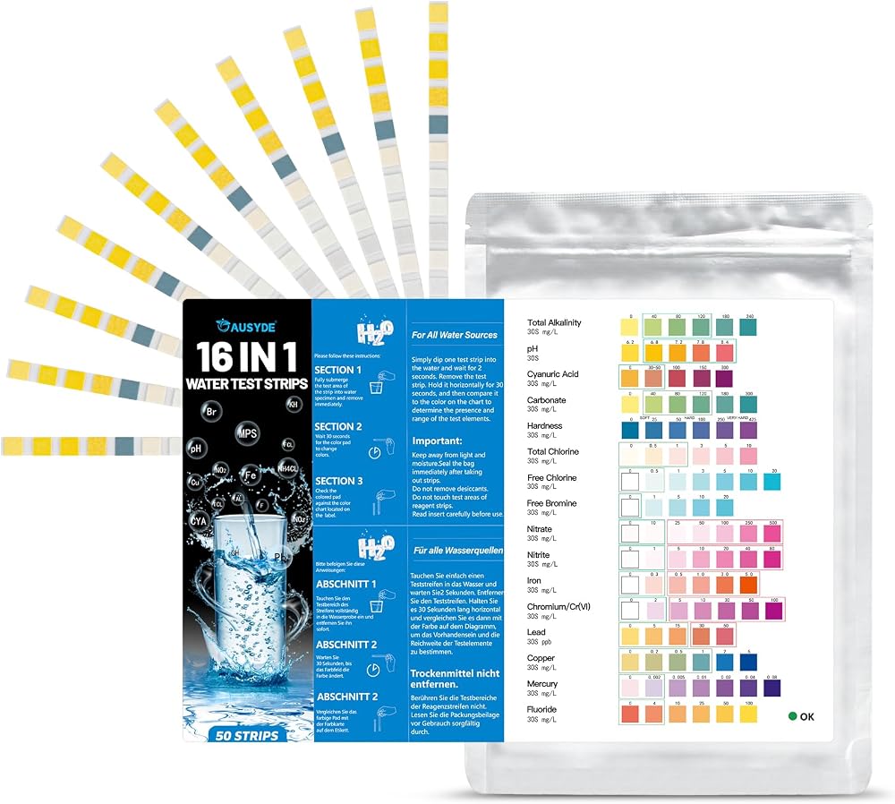 ausyde 50pk 16-in-1 Water Test Strips for Drinking Water Hardness Chlorine Iron