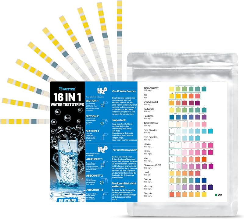 ausyde 50pk 16-in-1 Water Test Strips for Drinking Water Hardness Chlorine Iron