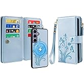 Lacass for Samsung Galaxy S24+ Plus Case Wallet,Compatible with MagSafe 2 in 1 Magnetic Detachable PU Leather RFID Blocking Wallet Cover Card Holder Zipper Wrist Strap Lanyard,Floral Sky Blue