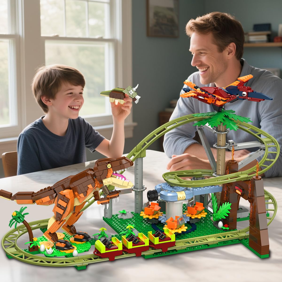 HOGOKIDS Dinosaurier Achterbahn Bausteine Spielzeug – 1222pcs Achterbahn Bauspielzeug mit 4 Dinosauriern, Geländewagen, Dinosauriermodellen, Geschenk für Erwachsene, Mädchen Jungen ab 8 Jahren 8