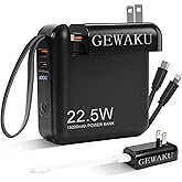 GEWAKU Portable Charger 15000mAh Power Bank 22.5W Fast Charging Built-in Cables and AC Wall Plug, 3-in-1 Compact USB-C Battery Pack Travel Essentials for iPhone 17,iPad, Android, Samsung (Black)
